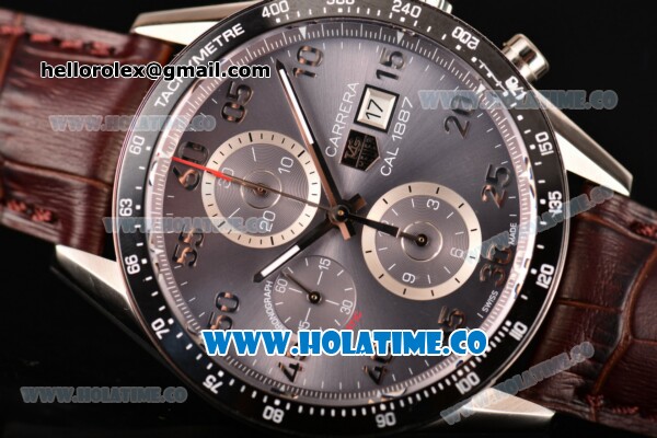 Tag Heuer Carrera Calibre 1887 Automatic Chrono Swiss Valjoux 7750 Automatic Steel Case with Grey Dial Brown Leather Strap and Arabic Numeral Markers - Click Image to Close